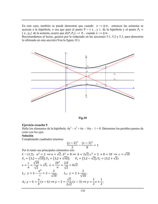 138
En este caso, también se puede demostrar que cuando , entonces las asíntotas se
acercan a la hipérbola, o sea que para el punto P = ( x , y ) de la hipérbola y el punto
de la asíntota, ocurre que , cuando .
Recomendamos al lector, guiarse por lo redactado en las secciones 5.1, 5.2 y 5.3, para demostrar
lo afirmado en esta sección (Vea la figura 10 ).
x
y
F1
F2
V1
V2
C
P1 P2
P3 P4
a
b
L1
L2
Fig.10
Ejercicio resuelto 5
Halle los elementos de la hipérbola: 4y2
– x2
+ 6x – 16y – 1 = 0. Determine los posibles puntos de
corte con los ejes.
Solución
Completando cuadrados tenemos:
Por lo tanto sus principales elementos son:
C = (3,2);
ℎ
 