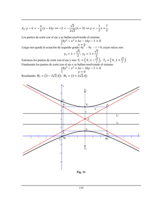 139
ℎ
Los puntos de corte con el eje y se hallan resolviendo el sistema:
Luego nos queda la ecuación de segundo grado: 4y2
– 8y – 1 = 0, cuyas raíces son:
Entonces los puntos de corte con el eje y son: .
Finalmente los puntos de corte con el eje x se hallan resolviendo el sistema:
Resultando: .
-4 -3 -2 -1 1 2 3 4 5 6 7 8 9
-3
-2
-1
1
2
3
4
5
x
y
F1
F2
V1
V2
C
P1 P2
P3 P4
a
b
L1
L2
T1
T2
M1 M2
Fig. 11
 