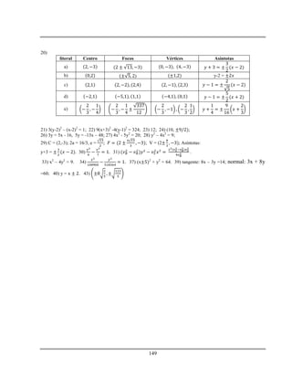 149
20)
literal Centro Focos Vértices Asíntotas
a)
b) ) y-2 =
c)
d)
e)
21) 3(y-2)2
– (x-2)2
= 1; 22) 9(x+3)2
-4(y-1)2
= 324; 23) 12; 24) (10, ;
26) 3y = 5x - 16, 5y = -13x – 48; 27) 4x2
- 5y2
= 20; 28) y2
– 4x2
= 9;
29) C = (2,-3); 2a = 16/3, e = ; ; V = (2 Asíntotas:
y+3 = . 30) 31) .
33) x2
– 4y2
= 9. 34) 37) (x 2
+ y2
= 64. 39) tangente: 8x – 3y =14; normal: 3x + 8y
=60; 40) y = x . 43)
 