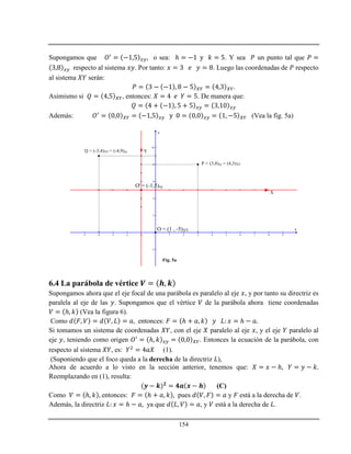 154
Supongamos que , o sea: ℎ . Y sea un punto tal que
respecto al sistema . Por tanto: . Luego las coordenadas de respecto
al sistema serán:
.
Asimismo si , entonces: . De manera que:
Además: (Vea la fig. 5a)
-5 -4 -3 -2 -1 1 2 3 4 5 6 7 8 9
-2
2
4
6
8
10
x
y
O = (1 , -5)XY
O' = (-1,5)xy
X
Y
P = (3,8)xy = (4,3)XY
Q = (-3,4)XY = (-4,9)xy
Fig. 5a
6.4 La parábola de vértice
Supongamos ahora que el eje focal de una parábola es paralelo al eje , y por tanto su directriz es
paralela al eje de las . Supongamos que el vértice de la parábola ahora tiene coordenadas
ℎ (Vea la figura 6).
Como entonces: ℎ ℎ
Si tomamos un sistema de coordenadas , con el eje paralelo al eje , y el eje paralelo al
eje , teniendo como origen ℎ . Entonces la ecuación de la parábola, con
respecto al sistema , es: (1).
(Suponiendo que el foco queda a la derecha de la directriz ),
Ahora de acuerdo a lo visto en la sección anterior, tenemos que: ℎ
Reemplazando en (1), resulta:
(C)
Como ℎ entonces: ℎ pues y está a la derecha de .
Además, la directriz ℎ ya que , y está a la derecha de .
 