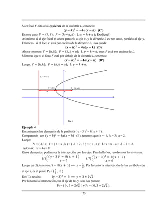 155
Si el foco está a la izquierda de la directriz , entonces:
(C’)
En este caso: ℎ ℎ ; ℎ (¡ Explique!)
Asimismo si el eje focal es ahora paralelo al eje , y la directriz es por tanto, paralela al eje .
Entonces, si el foco está por encima de la directriz , nos queda:
(D)
Ahora tenemos: ℎ ℎ , pues está por encima de .
Mientras que si el foco está por debajo de la directriz , tenemos:
(D’)
Luego: ℎ ℎ
x
y
F = (h+a,k)V = (h,k)
L: x = h -a
aa
Fig. 6
Ejemplo 4
Encontremos los elementos de la parábola ( y – 3 )2
= 8( x + 1 ).
Comparando con ℎ (B), tenemos que: h = -1, k = 3; a = 2.
Luego:
V = (-1,3); F = ( h + a , k ) = ( -1 + 2 , 3 ) = ( 1 , 3 ); L: x = h – a = -1 – 2 = -3.
Además: Lr = 4a = 8.
Otros elementos, podían ser la intersección con los ejes. Para hallarlos, resolvemos los sistemas:
Luego en (I), tenemos: 9 = . Por lo tanto la intersección de las parábola con
el eje x, es el punto P1 = ( .
De (II), resulta:
Por lo tanto la intersección con el eje de las y son los puntos:
P2 = ( 0 , ) y P3 = ( 0, ).
 