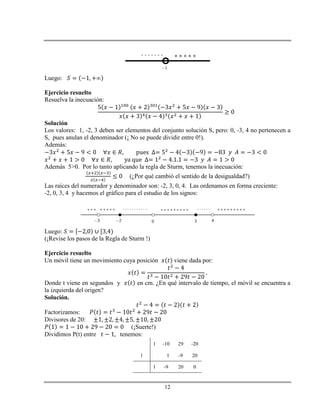 12
Luego:
Ejercicio resuelto
Resuelva la inecuación:
Solución
Los valores: 1, -2, 3 deben ser elementos del conjunto solución S, pero: 0, -3, 4 no pertenecen a
S, pues anulan el denominador (¡ No se puede dividir entre 0!).
Además:
Además 5>0. Por lo tanto aplicando la regla de Sturm, tenemos la inecuación:
(¿Por qué cambió el sentido de la desigualdad?)
Las raíces del numerador y denominador son: -2, 3, 0, 4. Las ordenamos en forma creciente:
-2, 0, 3, 4 y hacemos el gráfico para el estudio de los signos:
Luego:
(¡Revise los pasos de la Regla de Sturm !)
Ejercicio resuelto
Un móvil tiene un movimiento cuya posición viene dada por:
Donde t viene en segundos y en cm. ¿En qué intervalo de tiempo, el móvil se encuentra a
la izquierda del origen?
Solución.
Factorizamos:
Divisores de 20:
(¡Suerte!)
Dividimos P(t) entre tenemos:
1 -10 29 -20
1 1 -9 20
1 -9 20 0
 