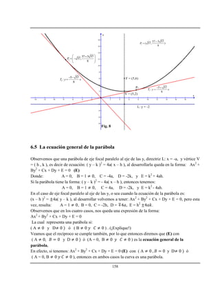158
-14 -12 -10 -8 -6 -4 -2 2 4 6 8 10 12 14 16 18
-8
-6
-4
-2
2
4
6
8
10
12
14
16
18
x
y
V = (5,2)
F = (5,6)
L: y = -2
1
5 57
:
8
T y x
 

2
5 57
:
8
T y x
 

1
57 5 57
( 57, )
8
P


P1
2
57 5 57
57,
8
P
 
   
 
Fig. 8
6.5 La ecuación general de la parábola
Observemos que una parábola de eje focal paralelo al eje de las y, directriz L: x = -a, y vértice V
= ( h , k ), es decir de ecuación: ( y – k )2
= 4a( x – h ), al desarrollarla queda en la forma: Ax2
+
By2
+ Cx + Dy + E = 0 (E)
Donde: A = 0, B = 1 , C = -4a, D = -2k, y E = k2
+ 4ah.
Si la parábola tiene la forma: ( y – k )2
= - 4a( x – h ), entonces tenemos:
A = 0, B = 1 , C = 4a, D = -2k, y E = k2
- 4ah.
En el caso de eje focal paralelo al eje de las y, o sea cuando la ecuación de la parábola es:
(x – h )2
= 4a( y – k ), al desarrollar volvemos a tener: Ax2
+ By2
+ Cx + Dy + E = 0, pero esta
vez, resulta: A = 1 , B = 0, C = -2h, D = , E = h2
.
Observemos que en los cuatro casos, nos queda una expresión de la forma:
Ax2
+ By2
+ Cx + Dy + E = 0
La cual representa una parábola si:
( A y D ó ( B ) . (¡Explique!)
Veamos que el recíproco se cumple también, por lo que entonces diremos que (E) con
( A y D ó (A = 0, B ) es la ecuación general de la
parábola.
En efecto, si tenemos: Ax2
+ By2
+ Cx + Dy + E = 0 (E) con ( A y D ó
( A = 0, B ), entonces en ambos casos la curva es una parábola.
 