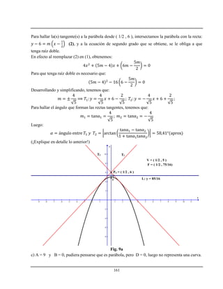 161
Para hallar la(s) tangente(s) a la parábola desde ( 1/2 , 6 ), intersectamos la parábola con la recta:
(2), y a la ecuación de segundo grado que se obtiene, se le obliga a que
tenga raíz doble.
En efecto al reemplazar (2) en (1), obtenemos:
Para que tenga raíz doble es necesario que:
Desarrollando y simplificando, tenemos que:
Para hallar el ángulo que forman las rectas tangentes, tenemos que:
Luego:
(¡Explique en detalle lo anterior!)
-9 -8 -7 -6 -5 -4 -3 -2 -1 1 2 3 4 5 6 7 8 9 10 11
-8
-6
-4
-2
2
4
6
8
10
x
y
Po = ( 1/2 , 6 )
V = ( 1/2 , 5 )
V
F
F = ( 1/2 , 75/16)
T1T2
L: y = 85/16
Fig. 9a
c) A = 9 y B = 0, pudiera pensarse que es parábola, pero D = 0, luego no representa una curva.
 