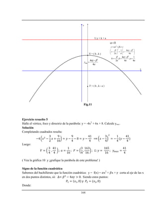 164
x
y
F = ( h , k - a )
V = ( h , k )
2
y x x    
2 2
1 4
2 4
x y
  
  
  
    
   
2
max
4
4
y
 



2
4 1
; ;
2 4 4
h k a
  
  

  
L:y = k + a
0 
Fig.11
Ejercicio resuelto 5
Halle el vértice, foco y directriz de la parábola: y = -4x2
+ 6x + 8. Calcule ymax.
Solución
Completando cuadrados resulta:
Luego:
( Vea la gráfica 10 y ¡grafique la parábola de este problema! )
Signo de la función cuadrática
Sabemos del bachillerato que la función cuadrática: y = f(x) = x2
+ x + corta al eje de las x
en dos puntos distintos, sii Siendo estos puntos:
Donde:
 