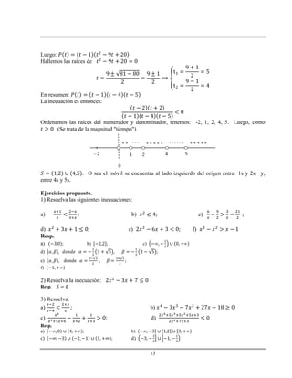 13
Luego:
Hallemos las raíces de
En resumen:
La inecuación es entonces:
Ordenamos las raíces del numerador y denominador, tenemos: -2, 1, 2, 4, 5. Luego, como
(Se trata de la magnitud "tiempo")
O sea el móvil se encuentra al lado izquierdo del origen entre 1s y 2s, y,
entre 4s y 5s.
Ejercicios propuesto.
1) Resuelva las siguientes inecuaciones:
a) b) c)
d) e) f)
Resp.
a) b) c)
d)
e)
f)
2) Resuelva la inecuación:
Resp.
3) Resuelva:
a) b)
c) d)
Resp.
a) b)
c) d)
 
