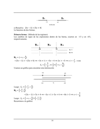19
c) Resuelva:
Lo haremos de dos formas.
Primera forma: (Método de las regiones)
Los cambios de signo de las expresiones dentro de las barras, ocurren en 1/3 y en -4/5,
respectivamente.
o sea
Usamos un gráfico para encontrar esta intersección
Luego:
Luego:
Recurrimos a la gráfica:
 