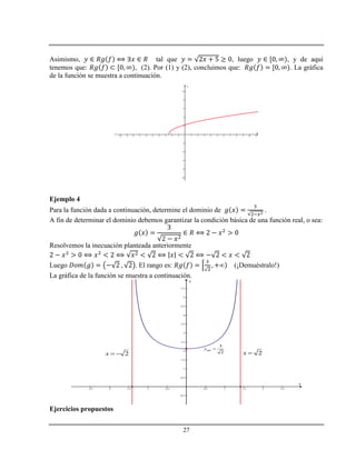 27
Asimismo, tal que , luego , y de aquí
tenemos que: , (2). Por (1) y (2), concluimos que: . La gráfica
de la función se muestra a continuación.
-10 -9 -8 -7 -6 -5 -4 -3 -2 -1 1 2 3 4 5 6 7 8 9 10 11
-10
-8
-6
-4
-2
2
4
6
8
10
x
y
Ejemplo 4
Para la función dada a continuación, determine el dominio de .
A fin de determinar el dominio debemos garantizar la condición básica de una función real, o sea:
Resolvemos la inecuación planteada anteriormente
Luego . El rango es: (¡Demuéstralo!)
La gráfica de la función se muestra a continuación.
-2.5 -2 -1.5 -1 -0.5 0.5 1 1.5 2 2.5
-0.5
0.5
1
1.5
2
2.5
3
3.5
4
4.5
5
5.5
x
y
2x 2x  
min
3
2
y 
Ejercicios propuestos
 
