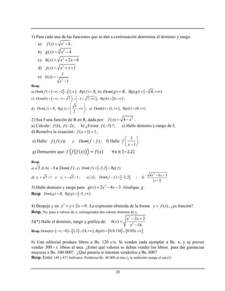 28
1) Para cada una de las funciones que se dan a continuación determina el dominio y rango.
a) 2
( ) 4f x x  .
b) 23
( ) 4g x x 
c) 2
( ) 2 6h x x x  
d) 2
( ) 1j x x x  
e)
3
1
( )
1
k x
x


Resp.
a)     0( ) , 2 2, , ( )Dom f Rg f R
      ;b) 3
( ) , ( ) [ 4, )Dom g R Rg g   
c)    ( ) , 1 7 1 7, , ( ) 0,Dom h Rg h           
;
d)
3
( ) , ( ) ,
2
Dom j R Rg j
 
   
 
; e)  ( ) 1, , ( ) (0, )Dom k Rg k    .
2) Sea f una función de R en R, dada por: 2
( ) 4f x x  .
a) Calcule: (1), ( 2)f f  ; b) ¿Existe ( 3)f  ?; c) Halle dominio y rango de f;
d) Resuelva la ecuación: ( 1) 1f x   ;
e) Halle: ( ( )) ( )f f x y Dom f f ; f) Halle
1
1
f
x
 
 
 
.
g) Demuestre que:
Resp.
a) 3 ,0; b) 3 ( )Dom f  ; c)  ( ) 2,2 ( )Dom f Rg f  
d) 1 23 1 3 1x y x     ; e)  ; ( ) 2,2x Dom f f   ; f)
2
4 8 3
1
x x
x
 

3) Halle dominio y rango para 2
( ) 2 4 3g x x x   . Grafique g .
Resp.  ( ) , ( ) 5,Dom g R Rg g   
4) Despeje y en 2
2 0y y x   . La expresión obtenida de la forma ( )y f x , ¿es función?
Resp. No, pues a valores de x, corresponden dos valores distintos de y.
5)(*) Halle el dominio, rango y gráfica de:
2
2
3 2
( )
16
x x
h x
x
 


Resp. Dom(h)=          , 4 1,2 4, ; ( ) 0,0.134 0.926,Rg h       
6) Una editorial produce libros a Bs. 120 c/u. Si venden cada ejemplar a Bs. x, y se prevee
vender 500 x libros al mes. ¿Entre qué valores se deben vender los libros para dar ganancias
mayores a Bs. 100 000?. ¿Qué pasaría si intentan venderlos a Bs. 600?
Resp. Entre 149 y 471 bolívares. Perderían Bs. 48 000 al mes (¡ la ambición rompe el saco!)
 