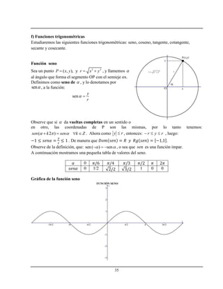 35
f) Funciones trigonométricas
Estudiaremos las siguientes funciones trigonométricas: seno, coseno, tangente, cotangente,
secante y cosecante.
Función seno
Sea un punto 2 2
( , ), yP x y r x y   , y llamemos 
al ángulo que forma el segmento OP con el semieje ox.
Definimos como seno de  , y lo denotamos por
sen , a la función:
sen
y
r
 
Observe que si  da vueltas completas en un sentido o
en otro, las coordenadas de P son las mismas, por lo tanto tenemos:
( 2 )sen k sen k Z      . Ahora como ry  , entonces: ryr  , luego:
. De manera que .
Observe de la definición, que: sen( ) sen    , o sea que sen es una función impar.
A continuación mostramos una pequeña tabla de valores del seno.
0
0 1/2 1 0 0
Gráfica de la función seno
 