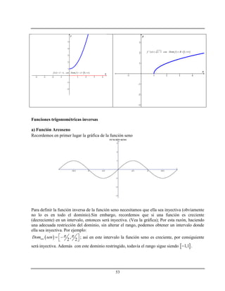 53
-1 1 2 3 4
-3
-2
-1
1
2
3
x
y
 1
( ) 1 ( ) 1,f x x con Dom f B
    
Funciones trigonométricas inversas
a) Función Arcoseno
Recordemos en primer lugar la gráfica de la función seno
Para definir la función inversa de la función seno necesitamos que ella sea inyectiva (obviamente
no lo es en todo el dominio).Sin embargo, recordemos que si una función es creciente
(decreciente) en un intervalo, entonces será inyectiva. (Vea la gráfica); Por esta razón, haciendo
una adecuada restricción del dominio, sin alterar el rango, podemos obtener un intervalo donde
ella sea inyectiva. Por ejemplo:
  ,
2 2resDom sen    
 
; así en este intervalo la función seno es creciente, por consiguiente
será inyectiva. Además con este dominio restringido, todavía el rango sigue siendo  1,1 .
 