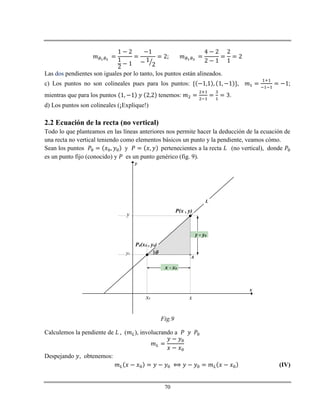 70
Las dos pendientes son iguales por lo tanto, los puntos están alineados.
c) Los puntos no son colineales pues para los puntos: , ;
mientras que para los puntos tenemos: .
d) Los puntos son colineales (¡Explique!)
2.2 Ecuación de la recta (no vertical)
Todo lo que planteamos en las líneas anteriores nos permite hacer la deducción de la ecuación de
una recta no vertical teniendo como elementos básicos un punto y la pendiente, veamos cómo.
Sean los puntos y pertenecientes a la recta (no vertical), donde
es un punto fijo (conocido) y es un punto genérico (fig. 9).
x
y
P0(x0 , y0)
x - x0
)
xx0
y
y0
A
P(x , y)
L
y - y0
Fig.9
Calculemos la pendiente de ( ), involucrando a
Despejando , obtenemos:
(IV)
 