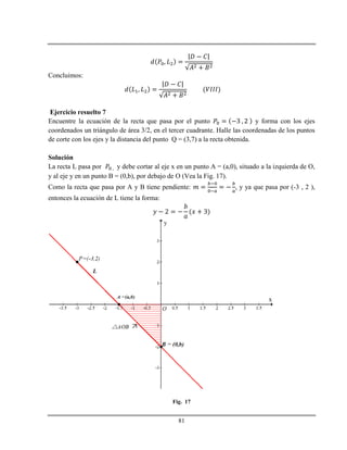 81
Concluimos:
Ejercicio resuelto 7
Encuentre la ecuación de la recta que pasa por el punto y forma con los ejes
coordenados un triángulo de área 3/2, en el tercer cuadrante. Halle las coordenadas de los puntos
de corte con los ejes y la distancia del punto Q = (3,7) a la recta obtenida.
Solución
La recta L pasa por y debe cortar al eje x en un punto A = (a,0), situado a la izquierda de O,
y al eje y en un punto B = (0,b), por debajo de O (Vea la Fig. 17).
Como la recta que pasa por A y B tiene pendiente: , y ya que pasa por (-3 , 2 ),
entonces la ecuación de L tiene la forma:
Fig. 17
 