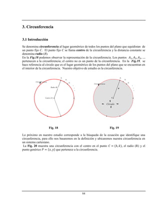 84
3. Circunferencia
3.1 Introducción
Se denomina circunferencia al lugar geométrico de todos los puntos del plano que equidistan de
un punto fijo C. El punto fijo C se llama centro de la circunferencia y la distancia constante se
denomina radio (R).
En la Fig.18 podemos observar la representación de la circunferencia. Los puntos
pertenecen a la circunferencia; el centro no es un punto de la circunferencia. En la Fig.19, se
hace referencia al círculo que es el lugar geométrico de los puntos del plano que se encuentran en
el interior de la circunferencia. Nuestro objetivo de estudio es la circunferencia.
Fig. 18 Fig. 19
Lo próximo en nuestro estudio corresponde a la búsqueda de la ecuación que identifique una
circunferencia, para ello nos basaremos en la definición y ubicaremos nuestra circunferencia en
un sistema cartesiano.
La Fig. 20 muestra una circunferencia con el centro en el punto ℎ , el radio (R) y el
punto genérico que pertenece a la circunferencia.
Radio (R)
Circunferencia

Centro (C)
A1
A2
A3
.
.
.
R
Circunferencia

C
A1
A2
A3
.
.
.

Círculo 

 