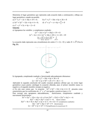 87
Determine el lugar geométrico que representa cada ecuación dada a continuación y dibuja ese
lugar geométrico, cuando sea posible.
a) ; b)
c) ; d)
e)
Solución
a) Agrupamos las variables y completamos cuadrado:
La ecuación dada representa una circunferencia de centro y radio (Vea la
Fig. 21).
-3 -2 -1 1 2 3 4
-7
-6
-5
-4
-3
-2
-1
x
y
(1,-5)
7R 
Fig.21
b) Agrupando, completando cuadrado y factorizando adecuadamente obtenemos:
Aplicando la segunda conclusión del cuadro resumen podemos afirmar que: no existe lugar
geométrico cuyos puntos satisfagan la ecuación obtenida, pues el primer miembro nunca es
negativo y el segundo miembro siempre es negativo.
c) En este caso vemos que la ecuación: presenta como
característica que los coeficientes de y son iguales y positivos (pero )
Para corregir esto agrupamos adecuadamente, factorizamos, completamos cuadrado y
nuevamente factorizamos:
(factor común)
(completamos cuadrados)
(factorizamos)
(simplificamos la ecuación por 3)
 