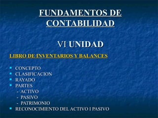 FUNDAMENTOS DEFUNDAMENTOS DE
CONTABILIDADCONTABILIDAD
VIVI UNIDADUNIDAD
LIBRO DE INVENTARIOS Y BALANCESLIBRO DE INVENTARIOS Y BALANCES
 CONCEPTOCONCEPTO
 CLASIFICACIONCLASIFICACION
 RAYADORAYADO
 PARTESPARTES
- ACTIVO- ACTIVO
- PASIVO- PASIVO
- PATRIMONIO- PATRIMONIO
 RECONOCIMIENTO DEL ACTIVO I PASIVORECONOCIMIENTO DEL ACTIVO I PASIVO
 