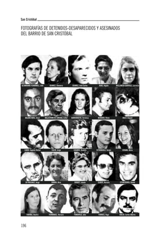 San Cristóbal

FOTOGRAFÍAS DE DETENIDOS-DESAPARECIDOS Y ASESINADOS
DEL BARRIO DE SAN CRISTÓBAL




ALTAMIRANO FERNÁNDEZ, Julio         ÁLVAREZ, Eleonora           ÁLVAREZ, José Carlos      AUAD, Angela      AVELLANEDA QUINTALE, Lucrecia




    BALDINI MAYA, César       BALLESTRINO DE CAREAGA, Esther   BARRIONUEVO, Verónica    BERARDO, Remo               BULIT, Raquel




   CABIB, Eugenio Rafael               CALVO, Jorge              CASARES. Rodolfo      CETRÁNGOLO, Sergio           COSAKA, Alicia




    DI PASCUALE, Jorge                DOMON, Alice                DUQUET, Léonie        ELBERT, Horacio          ETCHEVERRÍA, Daniel




      FARIÑAS, Beatriz             FERNÁNDEZ, Horacio             FONDOVILA, Julio       FORNIES, Hugo          GIGLIO, Carlos Alberto




196
 
