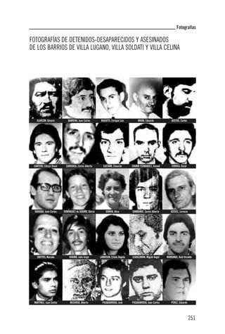 Fotografías

FOTOGRAFÍAS DE DETENIDOS-DESAPARECIDOS Y ASESINADOS
DE LOS BARRIOS DE VILLA LUGANO, VILLA SOLDATI Y VILLA CELINA




   ALARCÓN, Genaro          BARRERA, Juan Carlos        BIASUTTI, Enrique Luis        BRUNI, Eduardo            BUSTOS, Carlos




 CANTERO, Edison Oscar    CARRANZA, Carlos Alberto        CASTAÑO, Eduardo       CHUKRI FERNÁNDEZ, Ismael       CORREA, Oscar




  DAROQUI, Juan Carlos   DOMÍNGUEZ de GUDIÑO, Gloria        DOMON, Alice         GAMBANDE, Carlos Alberto      GERZEL, Lorenzo




    GOEYTES, Marcela         GUDIÑO, Julio Jorge       LAMAISON, Estela Angela   LEGUIZAMÓN, Miguel Angel   MARKUNAS, Raúl Osvaldo




 MARTÍNEZ, Juan Carlos        MECHOSO, Alberto           PASQUARROSA, José       PASQUARROSA, Juan Carlos      PÉREZ, Eduardo




                                                                                                                                 251
 