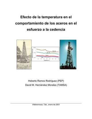 Efecto de la temperatura en el
comportamiento de los aceros en el
esfuerzo a la cedencia
Heberto Ramos Rodríguez (PEP)
David M. Hernández Morales (TAMSA)
Villahermosa, Tab., enero de 2001
Temperatura (°C)
80,000
130,000
180,000
50 100 150 200 250 300 350 400
N-80
TRC-95
TAC-110
TAC-140
Esfuerzoalacedencia(psi)
 