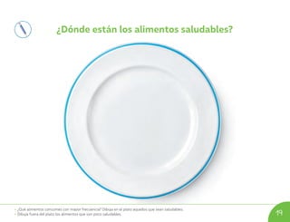 • ¿Qué alimentos consumes con mayor frecuencia? Dibuja en el plato aquellos que sean saludables.
• Dibuja fuera del plato los alimentos que son poco saludables. 19
¿Dónde están los alimentos saludables?
U02_NT1_Cua_Lic_Imp_B 19 03-08-2020 16:41:52
 