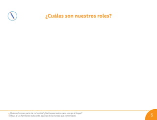 ¿Cuáles son nuestros roles?
• ¿Quiénes forman parte de tu familia? ¿Qué tareas realiza cada uno en el hogar?
• Dibuja a tus familiares realizando algunas de las tareas que comentaste. 5
U01_NT1_Cua_Lic_Imp_B 5 03-08-2020 16:40:37
 