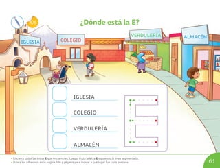 • Encierra todas las letras E que encuentres. Luego, traza la letra E siguiendo la línea segmentada.
• Busca los adhesivos en la página 106 y pégalos para indicar a qué lugar fue cada persona. 61
¿Dónde está la E?
106
IGLESIA COLEGIO
VERDULERÍA ALMACÉN
IGLESIA
VERDULERÍA
COLEGIO
ALMACÉN
U06_NT1_Cua_Lic_Imp_B 61 03-08-2020 16:44:19
 