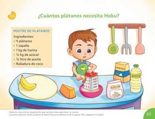 POSTRE DE PLÁTANOS
Ingredientes:
• 4 plátanos
• 1 zapallo
• 1 kg de harina
• ½ kg de azúcar
• ½ litro de aceite
• Ralladura de coco
106
• Observa y escucha los ingredientes que necesita Hoku para hacer un postre.
• ¿Cuántos plátanos tiene? ¿Cuántos le faltan? Busca los adhesivos de la página 106 y pégalos en el plato. 63
¿Cuántos plátanos necesita Hoku?
U06_NT1_Cua_Lic_Imp_B 63 03-08-2020 16:44:22
 