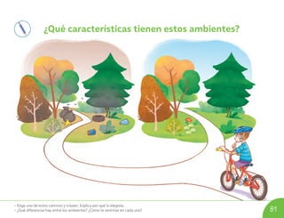 ¿Qué características tienen estos ambientes?
• Elige uno de estos caminos y trázalo. Explica por qué lo elegiste.
• ¿Qué diferencias hay entre los ambientes? ¿Cómo te sentirías en cada uno? 81
U08_NT1_Cua_Lic_Imp_B 81 03-08-2020 16:49:17
 