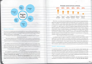 Causa 1. Finanzas
Encontramos que la principal razón para el fracaso tiene que ver con el área de finanzas. Pero,
¿qué es finanzas? A continuación se muestran algunos comentarios hechos por los empren-
dedores entrevistados en este estudio:
“Yo siempre he sido muy poco financiero y administrativo, son cosas que ni siquiera me gustan.
Abiertamente lo aborrezco.”
“Este proyecto fracasó por una mala planeación financiera y por no contar con una estructura profe-
sional acorde al alcance del proyecto. La empresa se quedó corta en términos de poder generar ingresos
propios, se sostuvo con recursos públicos y no se crearon incentivos para generar los recursos propios.”
En realidad, el área de finanzas es, para muchos, aquella con la que no se quieren meter.
Todo lo que tenga que ver con números, contabilidad o el cálculo de los presupuestos, entre
otros, son temas que dan miedo o, simplemente, producen fastidio en el emprendedor, al
grado de ni siquiera buscar capacitación.
“El flujo de efectivo fue mi problema. Los gastos operativos fueron los que se comieron
toda la inversión.”
Con el objetivo de profundizar en las razones del fracaso en el área de finanzas, se eva-
luaron evidencias específicas de cada una de las subtemáticas. De todas ellas, el enunciado
“Ingresos insuficientes para subsistir” fue la mención más frecuente como motivo de fra-
caso; ésta fue seleccionada por el 65% de los emprendedores. Dicho en otras palabras,
los emprendedores pudieron haber tenido una buena idea de negocio, sin embargo, no les
dejaba suficiente dinero para mantener el nivel de vida al que estaban acostumbrados.
Ahora bien, si se analizan estos resultados junto con el hecho de que la mayoría de los fun-
dadores de negocios que fracasaron obtuvo los fondos para iniciar su empresa de sí mismos,
amigos o familiares, ¿qué relación existe entre el tener ingresos insuficientes para subsistir
y la fuente de la inversión inicial? ¿Será posible asumir que un emprendedor que financia
su negocio con capital propio no mide con cautela el impacto financiero que esto tiene
sobre su empresa y su patrimonio personal? El hecho de buscar fondos externos obliga al
emprendedor a hacer un análisis financiero y de rentabilidad. Sin embargo, según el Global
Entrepreneurship Monitor México 2013 (Naranjo et al., 2013), los fundadores de negocios
que fracasaron en México también justifican su fracaso por la dificultad de conseguir finan-
ciamiento. ¿Acaso lo más recomendable está en financiar el emprendimiento con fondos de
inversión, a pesar de las dificultades que esto conlleva?
“Tuve un impacto de inventario y flujo de efectivos por una planeación pobre.”
La realidad en que un negocio no genere los ingresos suficientes para subsistir podría
implicar que, en primera instancia, no se realizó una planeación correcta. Por otra parte, tam-
bién podría implicar que, dado que los fundadores de negocios que fracasaron financiaron su
proyecto con fondos propios, nunca lograron alcanzar el flujo necesario para subsistir por sí
mismos o, en otras palabras, no midieron el tiempo que tardarían en alcanzar el punto de equi-
librio y empezar a generar ingresos lo suficientemente buenos como para poder vivir de ellos.
Causa 2. Administración
La capacidad de administrar la empresa, una vez que ésta presenta ventas regulares, que
tiene mejor identificado su mercado y que la oferta de valor ha demostrado ser la correcta;
es sin duda otra de las principales razones del fracaso. En particular, las finanzas son un área
esencial; una vez que la empresa cuenta con recursos para operar, es elemental que se lleve
a cabo un excelente control financiero. En este sentido, analizaremos causas de fracaso que
están asociadas a la capacidad de administrar la empresa.
Una de las principales razones arrojadas por el estudio, está relacionada con la falta de
indicadores en la empresa: de las empresas entrevistadas, casi cinco de cada diez empren-
Razones
de
fracaso
Factores
externos
19% Finanzas
40%
Recursos
humanos
20%
Mercado-
tecnia
29%
Aspectos
técnicos
13%
Administración
34%
65% 40% 40% 38% 35% 25%
Principales razones de fracaso en finanzas
Ingresos
insuficientes
para subsistir
Exceso de
gastos
operativos
Mala
administración
del dinero
Problemas de
financiamiento
(préstamos)
Retraso de
pagos de sus
clientes
Problemas de
crédito con
proveedores
149148
 