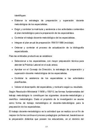 15
identifiquen.
Elaborar la estrategia de preparación y superación docente
metodológica de los especialistas.
Exigir y controlar la matrícula y asistencia a las actividades contenidas
el plan metodológico para la preparación de los especialistas.
Controlar el trabajo docente metodológico de los especialistas.
Integrar el plan anual de preparación RM 51/1988 (reciclaje).
Ordenar y controlar el proceso de actualización de la bibliografía
especializada.
Para las entidades productivas se establece:
Seleccionar a los especialistas, con mayor preparación técnica para
atender la Práctica Laboral en el aula anexa.
Aprobar en el Consejo de Dirección, la estrategia de preparación y
superación docente metodológica de los especialistas.
Controlar la asistencia de los especialistas a las actividades
planificadas.
Valorar el desempeño del especialista, y motivarlo según su resultado.
Según Resolución Ministerial 119/08 y 150/10, las formas fundamentales del
trabajo metodológico lo constituyen las siguientes: docente-metodológico y
científico- metodológico. Dado el propósito de la investigación se asume
como forma de trabajo metodológico el docente-metodológico para la
preparación de los especialistas.
El trabajo docente-metodológico es la actividad que se realiza con el fin de
mejorar de forma contínua el proceso pedagógico profesional, basándose en
la preparación didáctica que poseen los educadores, en el dominio del
 