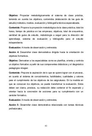 42
Objetivo: Proyectar metodológicamente el sistema de clase práctica,
teniendo en cuenta los objetivos, contenidos (elaboración de las guía de
estudio) métodos, medios, evaluación y bibliografía técnica especializada.
Contenido: Propone la proyección metodológica de la clase práctica, total de
horas, tiempo de práctica en las empresas, objetivos, total de encuentros,
cantidad de guías de estudio, metodología a seguir para la dirección del
aprendizaje, sistema de evaluación y bibliografía para el estudio
independiente.
Evaluación: A través de observación y entrevista.
Acción 4: Desarrollar clase demostrativa dirigida hacia la orientación de
objetivos formativos.
Objetivo: Demostrar a los especialistas como se planifica, orienta y controla
un objetivo formativo a partir de sus componentes didácticos y el diagnóstico
pedagógico integral.
Contenido: Propone la aspiración de lo que se quiere lograr con el proceso,
en cuanto al sistema de conocimientos, habilidades, cualidades y valores
para el cumplimiento de los objetivos de las asignaturas. En la medida en
que se conozcan los objetivos, se puede transformar la evaluación. Estos
deben ser claros, precisos, su redacción debe contener el fin esperado y
orientar hacia la concreción de acciones para su cumplimiento con un
carácter formativo.
Evaluación: A través de observación y entrevista.
Acción 5: Desarrollar clase demostrativa relacionada con tareas técnicas
profesionales.
 
