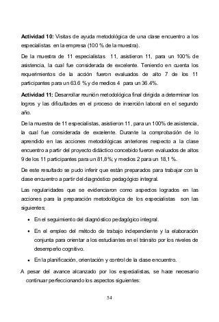 54
Actividad 10: Visitas de ayuda metodológica de una clase encuentro a los
especialistas en la empresa (100 % de la muestra).
De la muestra de 11 especialistas 11, asistieron 11, para un 100% de
asistencia, la cual fue considerada de excelente. Teniendo en cuenta los
requerimientos de la acción fueron evaluados de alto 7 de los 11
participantes para un 63.6 % y de medios 4 para un 36.4%.
Actividad 11: Desarrollar reunión metodológica final dirigida a determinar los
logros y las dificultades en el proceso de inserción laboral en el segundo
año.
De la muestra de 11 especialistas, asistieron 11, para un 100% de asistencia,
la cual fue considerada de excelente. Durante la comprobación de lo
aprendido en las acciones metodológicas anteriores respecto a la clase
encuentro a partir del proyecto didáctico concebido fueron evaluados de altos
9 de los 11 participantes para un 81,8%; y medios 2 para un 18,1 %.
De este resultado se pudo inferir que están preparados para trabajar con la
clase encuentro a partir del diagnóstico pedagógico integral.
Las regularidades que se evidenciaron como aspectos logrados en las
acciones para la preparación metodológica de los especialistas son las
siguientes:
En el seguimiento del diagnóstico pedagógico integral.
En el empleo del método de trabajo independiente y la elaboración
conjunta para orientar a los estudiantes en el tránsito por los niveles de
desempeño cognitivo.
En la planificación, orientación y control de la clase encuentro.
A pesar del avance alcanzado por los especialistas, se hace necesario
continuar perfeccionando los aspectos siguientes:
 