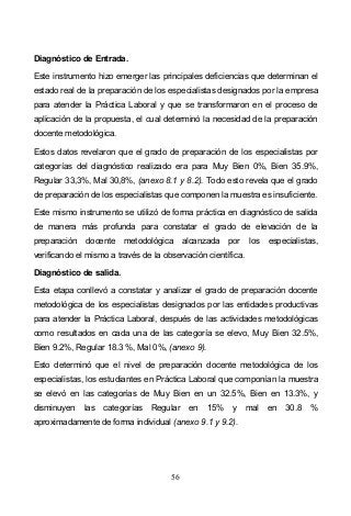 56
Diagnóstico de Entrada.
Este instrumento hizo emerger las principales deficiencias que determinan el
estado real de la preparación de los especialistas designados por la empresa
para atender la Práctica Laboral y que se transformaron en el proceso de
aplicación de la propuesta, el cual determinó la necesidad de la preparación
docente metodológica.
Estos datos revelaron que el grado de preparación de los especialistas por
categorías del diagnóstico realizado era para Muy Bien 0%, Bien 35.9%,
Regular 33,3%, Mal 30,8%, (anexo 8.1 y 8.2). Todo esto revela que el grado
de preparación de los especialistas que componen la muestra es insuficiente.
Este mismo instrumento se utilizó de forma práctica en diagnóstico de salida
de manera más profunda para constatar el grado de elevación de la
preparación docente metodológica alcanzada por los especialistas,
verificando el mismo a través de la observación científica.
Diagnóstico de salida.
Esta etapa conllevó a constatar y analizar el grado de preparación docente
metodológica de los especialistas designados por las entidades productivas
para atender la Práctica Laboral, después de las actividades metodológicas
como resultados en cada una de las categoría se elevo, Muy Bien 32.5%,
Bien 9.2%, Regular 18.3 %, Mal 0%, (anexo 9).
Esto determinó que el nivel de preparación docente metodológica de los
especialistas, los estudiantes en Práctica Laboral que componían la muestra
se elevó en las categorías de Muy Bien en un 32.5%, Bien en 13.3%, y
disminuyen las categorías Regular en 15% y mal en 30.8 %
aproximadamente de forma individual (anexo 9.1 y 9.2).
 