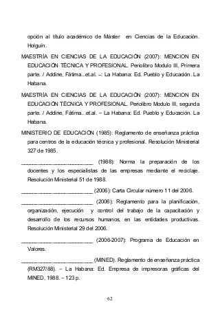 62
opción al título académico de Máster en Ciencias de la Educación.
Holguín.
MAESTRÍA EN CIENCIAS DE LA EDUCACIÓN (2007): MENCION EN
EDUCACIÓN TÉCNICA Y PROFESIONAL. Periolibro Modulo III, Primera
parte. / Addine, Fátima...et.al. : La Habana: Ed. Pueblo y Educación. La
Habana.
MAESTRÍA EN CIENCIAS DE LA EDUCACIÓN (2007): MENCION EN
EDUCACIÓN TÉCNICA Y PROFESIONAL. Periolibro Modulo III, segunda
parte. / Addine, Fátima...et.al. La Habana: Ed. Pueblo y Educación. La
Habana.
MINISTERIO DE EDUCACIÓN (1985): Reglamento de enseñanza práctica
para centros de la educación técnica y profesional. Resolución Ministerial
327 de 1985.
_________________________ (1988): Norma la preparación de los
docentes y los especialistas de las empresas mediante el reciclaje.
Resolución Ministerial 51 de 1988.
_________________________ (2006): Carta Circular número 11 del 2006.
_________________________ (2006): Reglamento para la planificación,
organización, ejecución y control del trabajo de la capacitación y
desarrollo de los recursos humanos, en las entidades productivas.
Resolución Ministerial 29 del 2006.
_________________________ (2006-2007): Programa de Educación en
Valores.
_________________________ (MINED). Reglamento de enseñanza práctica
(RM327/88). La Habana: Ed. Empresa de impresoras gráficas del
MINED, 1988. 123 p.
 