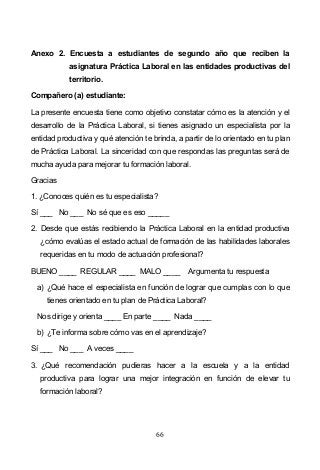 66
Anexo 2. Encuesta a estudiantes de segundo año que reciben la
asignatura Práctica Laboral en las entidades productivas del
territorio.
Compañero (a) estudiante:
La presente encuesta tiene como objetivo constatar cómo es la atención y el
desarrollo de la Práctica Laboral, si tienes asignado un especialista por la
entidad productiva y qué atención te brinda, a partir de lo orientado en tu plan
de Práctica Laboral. La sinceridad con que respondas las preguntas será de
mucha ayuda para mejorar tu formación laboral.
Gracias
1. ¿Conoces quién es tu especialista?
Sí ___ No ___ No sé que es eso _____
2. Desde que estás recibiendo la Práctica Laboral en la entidad productiva
¿cómo evalúas el estado actual de formación de las habilidades laborales
requeridas en tu modo de actuación profesional?
BUENO ____ REGULAR ____ MALO ____ Argumenta tu respuesta
a) ¿Qué hace el especialista en función de lograr que cumplas con lo que
tienes orientado en tu plan de Práctica Laboral?
Nos dirige y orienta ____ En parte ____ Nada ____
b) ¿Te informa sobre cómo vas en el aprendizaje?
Sí ___ No ___ A veces ____
3. ¿Qué recomendación pudieras hacer a la escuela y a la entidad
productiva para lograr una mejor integración en función de elevar tu
formación laboral?
 