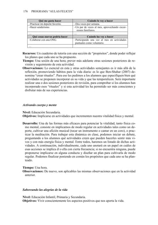176 PROGRAMA “AULAS FELICES”
Qué me gusta hacer Cuándo lo voy a hacer
–Practicar mi deporte favorito. –Dos veces por semana.
–Hacer senderismo. –Un par de veces al mes, aprovechando excur-
siones familiares.
… …
Qué cosas nuevas podría hacer Cuándo las voy a hacer
–Colaborar con una ONG. –Participando una vez al mes en actividades
puntuales como voluntario.
…
Recursos: Un cuaderno de tutoría con una sección de “propósitos”, donde poder reflejar
los planes que cada uno se ha propuesto.
Tiempo: Una sesión de una hora; prever más adelante otras sesiones posteriores de re-
visión y seguimiento de esta actividad.
Observaciones: Lo esencial en esta y otras actividades semejantes es ir más allá de la
reflexión, promoviendo hábitos para la vida diaria: es lo que Ben-Shahar (2007) de-
nomina “crear rituales”. Para eso les pedimos a los alumnos que especifiquen bien qué
actividades se proponen incorporar en su vida y que las temporalicen. Será importante
realizar una o dos sesiones posteriores de revisión, para comprobar si los alumnos han
incorporado esos “rituales” y si esta actividad les ha permitido ser más conscientes y
disfrutar más de sus experiencias.
Activando cuerpo y mente
Nivel: Educación Secundaria.
Objetivos: Implicarse en actividades que incrementen nuestra vitalidad física y mental.
Desarrollo: Una de las formas más eficaces para potenciar la vitalidad, tanto física co-
mo mental, consiste en implicarnos de modo regular en actividades tales como un de-
porte, cultivar una afición musical (tocar un instrumento o cantar en un coro), o prac-
ticar la meditación. Para trabajar esta dinámica en clase, podemos iniciar un debate,
preguntando a los alumnos qué actividades creen que pueden hacerles sentir más vi-
vos y con más energía física y mental. Entre todos, haremos un listado de dichas acti-
vidades. A continuación, individualmente, cada uno anotará en un papel en cuáles de
esas acciones se implica él o ella con cierta frecuencia; si no encuentra ninguna, puede
proponerse implicarse en alguna conducta y diseñar un plan para cultivarla de modo
regular. Podemos finalizar poniendo en común los propósitos que cada uno se ha plan-
teado.
Tiempo: Una hora.
Observaciones: De nuevo, son aplicables las mismas observaciones que en la actividad
anterior.
Saboreando las alegrías de la vida
Nivel: Educación Infantil, Primaria y Secundaria.
Objetivos: Vivir conscientemente los aspectos positivos que nos aporta la vida.
 