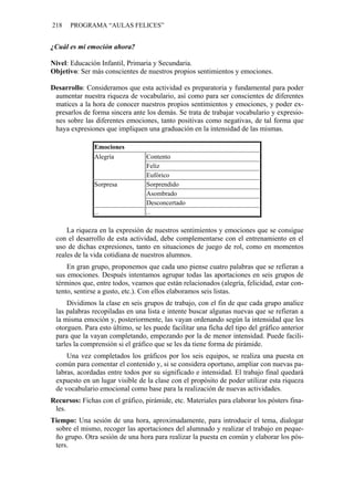 218 PROGRAMA “AULAS FELICES”
¿Cuál es mi emoción ahora?
Nivel: Educación Infantil, Primaria y Secundaria.
Objetivo: Ser más conscientes de nuestros propios sentimientos y emociones.
Desarrollo: Consideramos que esta actividad es preparatoria y fundamental para poder
aumentar nuestra riqueza de vocabulario, así como para ser conscientes de diferentes
matices a la hora de conocer nuestros propios sentimientos y emociones, y poder ex-
presarlos de forma sincera ante los demás. Se trata de trabajar vocabulario y expresio-
nes sobre las diferentes emociones, tanto positivas como negativas, de tal forma que
haya expresiones que impliquen una graduación en la intensidad de las mismas.
Emociones
Contento
Feliz
Alegría
Eufórico
Sorprendido
Asombrado
Sorpresa
Desconcertado
... ...
La riqueza en la expresión de nuestros sentimientos y emociones que se consigue
con el desarrollo de esta actividad, debe complementarse con el entrenamiento en el
uso de dichas expresiones, tanto en situaciones de juego de rol, como en momentos
reales de la vida cotidiana de nuestros alumnos.
En gran grupo, proponemos que cada uno piense cuatro palabras que se refieran a
sus emociones. Después intentamos agrupar todas las aportaciones en seis grupos de
términos que, entre todos, veamos que están relacionados (alegría, felicidad, estar con-
tento, sentirse a gusto, etc.). Con ellos elaboramos seis listas.
Dividimos la clase en seis grupos de trabajo, con el fin de que cada grupo analice
las palabras recopiladas en una lista e intente buscar algunas nuevas que se refieran a
la misma emoción y, posteriormente, las vayan ordenando según la intensidad que les
otorguen. Para esto último, se les puede facilitar una ficha del tipo del gráfico anterior
para que la vayan completando, empezando por la de menor intensidad. Puede facili-
tarles la comprensión si el gráfico que se les da tiene forma de pirámide.
Una vez completados los gráficos por los seis equipos, se realiza una puesta en
común para comentar el contenido y, si se considera oportuno, ampliar con nuevas pa-
labras, acordadas entre todos por su significado e intensidad. El trabajo final quedará
expuesto en un lugar visible de la clase con el propósito de poder utilizar esta riqueza
de vocabulario emocional como base para la realización de nuevas actividades.
Recursos: Fichas con el gráfico, pirámide, etc. Materiales para elaborar los pósters fina-
les.
Tiempo: Una sesión de una hora, aproximadamente, para introducir el tema, dialogar
sobre el mismo, recoger las aportaciones del alumnado y realizar el trabajo en peque-
ño grupo. Otra sesión de una hora para realizar la puesta en común y elaborar los pós-
ters.
 
