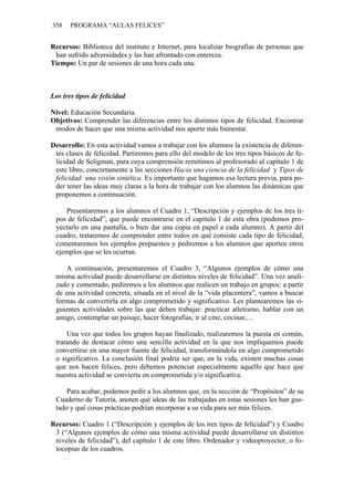 358 PROGRAMA “AULAS FELICES”
Recursos: Biblioteca del instituto e Internet, para localizar biografías de personas que
han sufrido adversidades y las han afrontado con entereza.
Tiempo: Un par de sesiones de una hora cada una.
Los tres tipos de felicidad
Nivel: Educación Secundaria.
Objetivos: Comprender las diferencias entre los distintos tipos de felicidad. Encontrar
modos de hacer que una misma actividad nos aporte más bienestar.
Desarrollo: En esta actividad vamos a trabajar con los alumnos la existencia de diferen-
tes clases de felicidad. Partiremos para ello del modelo de los tres tipos básicos de fe-
licidad de Seligman, para cuya comprensión remitimos al profesorado al capítulo 1 de
este libro, concretamente a las secciones Hacia una ciencia de la felicidad y Tipos de
felicidad: una visión sintética. Es importante que hagamos esa lectura previa, para po-
der tener las ideas muy claras a la hora de trabajar con los alumnos las dinámicas que
proponemos a continuación.
Presentaremos a los alumnos el Cuadro 1, “Descripción y ejemplos de los tres ti-
pos de felicidad”, que puede encontrarse en el capítulo 1 de esta obra (podemos pro-
yectarlo en una pantalla, o bien dar una copia en papel a cada alumno). A partir del
cuadro, trataremos de comprender entre todos en qué consiste cada tipo de felicidad,
comentaremos los ejemplos propuestos y pediremos a los alumnos que aporten otros
ejemplos que se les ocurran.
A continuación, presentaremos el Cuadro 3, “Algunos ejemplos de cómo una
misma actividad puede desarrollarse en distintos niveles de felicidad”. Una vez anali-
zado y comentado, pediremos a los alumnos que realicen un trabajo en grupos: a partir
de una actividad concreta, situada en el nivel de la “vida placentera”, vamos a buscar
formas de convertirla en algo comprometido y significativo. Les plantearemos las si-
guientes actividades sobre las que deben trabajar: practicar atletismo, hablar con un
amigo, contemplar un paisaje, hacer fotografías, ir al cine, cocinar,…
Una vez que todos los grupos hayan finalizado, realizaremos la puesta en común,
tratando de destacar cómo una sencilla actividad en la que nos impliquemos puede
convertirse en una mayor fuente de felicidad, transformándola en algo comprometido
o significativo. La conclusión final podría ser que, en la vida, existen muchas cosas
que nos hacen felices, pero debemos potenciar especialmente aquello que hace que
nuestra actividad se convierta en comprometida y/o significativa.
Para acabar, podemos pedir a los alumnos que, en la sección de “Propósitos” de su
Cuaderno de Tutoría, anoten qué ideas de las trabajadas en estas sesiones les han gus-
tado y qué cosas prácticas podrían incorporar a su vida para ser más felices.
Recursos: Cuadro 1 (“Descripción y ejemplos de los tres tipos de felicidad”) y Cuadro
3 (“Algunos ejemplos de cómo una misma actividad puede desarrollarse en distintos
niveles de felicidad”), del capítulo 1 de este libro. Ordenador y videoproyector, o fo-
tocopias de los cuadros.
 