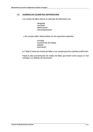 Mantenimiento Correctivo: Diagnóstico de Fallos en Equipos
Técnicas de Mantenimiento Industrial 111
1.2 AVERÍAS EN COJINETES ANTIFRICCIÓN
Los modos de fallos típicos en este tipo de elementos son:
-desgaste
-corrosión
-deformación
-rotura/separación
y las causas están relacionadas con los siguientes aspectos:
-montaje
-condiciones de trabajo
-sellado
-lubricación
La Tabla 2 indica los modos de fallos y sus causas para los cojinetes antifricción.
Fíjese la alta concentración de modos de fallos que tienen como causa un mal
montaje o un defecto de lubricación.
 