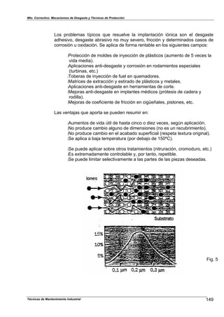 Mto. Correctivo: Mecanismos de Desgaste y Técnicas de Protección
Los problemas típicos que resuelve la implantación iónica son el desgaste
adhesivo, desgaste abrasivo no muy severo, fricción y determinados casos de
corrosión u oxidación. Se aplica de forma rentable en los siguientes campos:
:Protección de moldes de inyección de plásticos (aumento de 5 veces la
vida media).
:Aplicaciones anti-desgaste y corrosión en rodamientos especiales
(turbinas, etc.)
:Toberas de inyección de fuel en quemadores.
:Matrices de extracción y estirado de plásticos y metales.
:Aplicaciones anti-desgaste en herramientas de corte.
:Mejoras anti-desgaste en implantes médicos (prótesis de cadera y
rodilla).
:Mejoras de coeficiente de fricción en cigüeñales, pistones, etc.
Las ventajas que aporta se pueden resumir en:
:Aumentos de vida útil de hasta cinco o diez veces, según aplicación.
:No produce cambio alguno de dimensiones (no es un recubrimiento).
:No produce cambio en el acabado superficial (respeta textura original).
:Se aplica a baja temperatura (por debajo de 150ºC).
:Se puede aplicar sobre otros tratamientos (nitruración, cromoduro, etc.)
:Es extremadamente controlable y, por tanto, repetible.
:Se puede limitar selectivamente a las partes de las piezas deseadas.
Fig. 5
149Técnicas de Mantenimiento Industrial
 