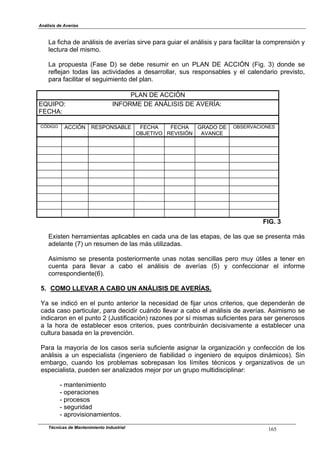 Análisis de Averías
La ficha de análisis de averías sirve para guiar el análisis y para facilitar la comprensión y
lectura del mismo.
La propuesta (Fase D) se debe resumir en un PLAN DE ACCIÓN (Fig. 3) donde se
reflejan todas las actividades a desarrollar, sus responsables y el calendario previsto,
para facilitar el seguimiento del plan.
PLAN DE ACCIÓN
EQUIPO: INFORME DE ANÁLISIS DE AVERÍA:
FECHA:
GRADO DEACCIÓN RESPONSABLE FECHA FECHA OBSERVACIONESCÓDIGO
OBJETIVO REVISIÓN AVANCE
FIG. 3
Existen herramientas aplicables en cada una de las etapas, de las que se presenta más
adelante (7) un resumen de las más utilizadas.
Asimismo se presenta posteriormente unas notas sencillas pero muy útiles a tener en
cuenta para llevar a cabo el análisis de averías (5) y confeccionar el informe
correspondiente(6).
5. COMO LLEVAR A CABO UN ANÁLISIS DE AVERÍAS.
Ya se indicó en el punto anterior la necesidad de fijar unos criterios, que dependerán de
cada caso particular, para decidir cuándo llevar a cabo el análisis de averías. Asimismo se
indicaron en el punto 2 (Justificación) razones por sí mismas suficientes para ser generosos
a la hora de establecer esos criterios, pues contribuirán decisivamente a establecer una
cultura basada en la prevención.
Para la mayoría de los casos sería suficiente asignar la organización y confección de los
análisis a un especialista (ingeniero de fiabilidad o ingeniero de equipos dinámicos). Sin
embargo, cuando los problemas sobrepasan los límites técnicos y organizativos de un
especialista, pueden ser analizados mejor por un grupo multidisciplinar:
- mantenimiento
- operaciones
- procesos
- seguridad
- aprovisionamientos.
Técnicas de Mantenimiento Industrial 165
 