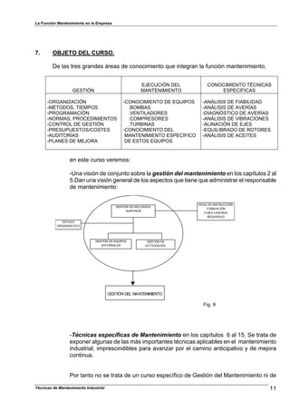La Función Mantenimiento en la Empresa
7. OBJETO DEL CURSO.
De las tres grandes áreas de conocimiento que integran la función mantenimiento,
GESTIÓN
EJECUCIÓN DEL
MANTENIMIENTO
CONOCIMIENTO TÉCNICAS
ESPECÍFICAS
-ORGANIZACIÓN
-MÉTODOS, TIEMPOS
-PROGRAMACIÓN
-NORMAS, PROCEDIMIENTOS
-CONTROL DE GESTIÓN
-PRESUPUESTOS/COSTES
-AUDITORÍAS
-PLANES DE MEJORA
-CONOCIMIENTO DE EQUIPOS
.BOMBAS
.VENTILADORES
.COMPRESORES
.TURBINAS
-CONOCIMIENTO DEL
MANTENIMIENTO ESPECÍFICO
DE ESTOS EQUIPOS
-ANÁLISIS DE FIABILIDAD
-ANÁLISIS DE AVERÍAS
-DIAGNÓSTICO DE AVERÍAS
-ANÁLISIS DE VIBRACIONES
-ALINACIÓN DE EJES
-EQUILIBRADO DE ROTORES
-ANÁLISIS DE ACEITES
en este curso veremos:
-Una visión de conjunto sobre la gestión del mantenimiento en los capítulos 2 al
5.Dan una visión general de los aspectos que tiene que administrar el responsable
de mantenimiento:
GESTIÓN DE RECURSOS
HUM ANOS
NIVEL DE INSTRUCCIÓN
FORM ACIÓN
CLIM A LABORAL
SEGURIDAD
ESTADO
ORGANIZATIVO
GESTIÓN DE EQUIPOS
M ATERIALES
GESTIÓN DE
ACTIVIDADES
GESTIÓN DEL MANTENIMIENTO
Fig. 8
-Técnicas específicas de Mantenimiento en los capítulos 6 al 15. Se trata de
exponer algunas de las más importantes técnicas aplicables en el mantenimiento
industrial, imprescindibles para avanzar por el camino anticipativo y de mejora
continua.
Por tanto no se trata de un curso específico de Gestión del Mantenimiento ni de
11Técnicas de Mantenimiento Industrial
 