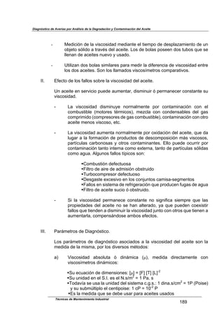 Diagnóstico de Averías por Análisis de la Degradación y Contaminación del Aceite
Técnicas de Mantenimiento Industrial
!"Z
$
$
-$ O*-(2(34$-*$.,$D('2&'(-,-$+*-(,4)*$*.$)(*+7&$-*$-*'7.,?,+(*4)&$-*$/4$
&05*)&$'3.(-&$,$)1,DF'$-*.$,2*()*B$%&'$-*$0&.,'$7&'**4$-&'$)/0&'$:/*$'*$
..*4,4$-*$,2*()*'$4/*D&$8$/',-&B$$
$
-$ Q)(.(?,4$-&'$0&.,'$'(+(.,1*'$7,1,$+*-(1$.,$-(9*1*42(,$-*$D('2&'(-,-$*4)1*$
.&'$-&'$,2*()*'B$P&4$.&'$..,+,-&'$D('2&'@+*)1&'$2&+7,1,)(D&'B$
$
LLB$ U9*2)&$-*$.&'$9,..&'$'&01*$.,$D('2&'(-,-$-*.$,2*()*B$
$
Q4$,2*()*$*4$'*1D(2(&$7/*-*$,/+*4),1<$-('+(4/(1$3$7*1+,4*2*1$2&4'),4)*$'/$
D('2&'(-,-B$
$
V$ %,$ D('2&'(-,-$ -('+(4/8*$ 4&1+,.+*4)*$ 7&1$ 2&4),+(4,2(34$ 2&4$ *.$
2&+0/')(0.*$ >+&)&1*'$ )F1+(2&'A<$ +*?2.,$ 2&4$ 2&4-*4',0.*'$ -*.$ 6,'$
2&+71(+(-&$>2&+71*'&1*'$-*$6,'$2&+0/')(0.*A<$2&4),+(4,2(34$2&4$&)1&$
,2*()*$+*4&'$D('2&'&<$*)2B$
$
V$ %,$D('2&'(-,-$,/+*4),$4&1+,.+*4)*$7&1$&G(-,2(34$-*.$,2*()*<$:/*$-,$
./6,1$,$.,$9&1+,2(34$-*$71&-/2)&'$-*$-*'2&+7&'(2(34$+;'$D('2&'&'<$
7,1)@2/.,'$2,10&4&','$8$&)1&'$2&4),+(4,4)*'B$U..&$7/*-*$&2/11(1$7&1$
2&4),+(4,2(34$),4)&$(4)*14,$2&+&$*G)*14,<$),4)&$-*$7,1)@2/.,'$'3.(-,'$
2&+&$,6/,B$E.6/4&'$9,..&'$)@7(2&'$'&4=$
$
!K&+0/')(34$-*9*2)/&',$
!T(.)1&$-*$,(1*$-*$,-+('(34$&0')1/(-&$
!N/10&2&+71*'&1$-*9*2)/&'&$
!M*'6,')*$*G2*'(D&$*4$.&'$2&45/4)&'$2,+(',V'*6+*4)&'$
!T,..&'$*4$'(')*+,$-*$1*91(6*1,2(34$:/*$71&-/2*4$9/6,'$-*$,6/,$
!T(.)1&$-*$,2*()*$'/2(&$3$&0')1/(-&B$
$
V$ P($ .,$ D('2&'(-,-$ 7*1+,4*2*$ 2&4'),4)*$ 4&$ '(64(9(2,$ '(*+71*$ :/*$ .,'$
71&7(*-,-*'$-*.$,2*()*$4&$'*$J,4$,.)*1,-&<$8,$:/*$7/*-*4$2&*G(')(1$
9,..&'$:/*$)(*4-*4$,$-('+(4/(1$.,$D('2&'(-,-$5/4)&$2&4$&)1&'$:/*$)(*4*4$,$
,/+*4),1.,<$2&+7*4';4-&'*$,+0&'$*9*2)&'B$
$
$
LLLB$ C,1;+*)1&'$-*$M(,643')(2&B$
$
%&'$7,1;+*)1&'$-*$-(,643')(2&$,'&2(,-&'$,$.,$D('2&'(-,-$-*.$,2*()*$'&4$.,$
+*-(-,$-*$.,$+('+,<$7&1$.&'$-(D*1'&'$+F)&-&'=$
$
,A$ [('2&'(-,-$ ,0'&./),$ 3$ -(4;+(2,$ >!A<$ +*-(-,$ -(1*2),+*4)*$ 2&4$
D('2&'@+*)1&'$-(4;+(2&'=$
"
!P/$*2/,2(34$-*$-(+*4'(&4*'=$!]$^$T]$N]$%]V_
!P/$/4(-,-$*4$*.$PBLB$*'$*.$`B'I+_
$^$!$C,B$'$
!N&-,D@,$'*$/',$.,$/4(-,-$-*.$'(')*+,$2B6B'B=$!$-(4,B'I2+_
$^$!C$>C&('*A$
$$8$'/$'/0+a.)(7.&$*.$2*4)(7&('*=$!$2C$^$!RV_
$C$
""!U'$.,$+*-(-,$:/*$'*$-*0*$/',1$7,1,$,2*()*'$/',-&'
 