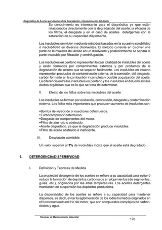 Diagnóstico de Averías por Análisis de la Degradación y Contaminación del Aceite
Técnicas de Mantenimiento Industrial
!Zc
P/$ 2&4&2(+(*4)&$ *'$ (4)*1*',4)*$ 7,1,$ *.$ -(,643')(2&$ 8,$ :/*$ *');4$
1*.,2(&4,-&'$-(1*2),+*4)*$2&4$.,$-*61,-,2(34$-*.$,2*()*<$.,$*9(2,2(,$-*$
.&'$ 9(.)1&'<$ *.$ -*'6,')*$ 8$ *4$ *.$ 2,'&$ -*$ ,2*()*'$ $ -*)*16*4)*'$ 2&4$ .,$
',)/1,2(34$-*$'/$2,7,2(-,-$-('7*1',4)*B$
$
%&'$(4'&./0.*'$'*$+(-*4$+*-(,4)*$+F)&-&'$0,',-&'$*4$.,$'/2*'(D,$'&./0(.(-,-$
3$(4'&./0(.(-,-$*4$-(D*1'&'$-('&.D*4)*'B$U.$+F)&-&$2&4'(')*$*4$-('&.D*1$/4,$
7,1)*$-*$.,$+/*')1,$-*.$,2*()*$*4$/4$-('&.D*4)*$8$7&')*1(&1+*4)*$'*$'*7,1,$.,$
7,1)*$(4'&./0.*$7&1$9(.)1,2(34$8$2*4)1(9/6,2(34B$$
$
%&'$(4'&./0.*'$*4$7*4),4&$1*71*'*4),4$.,$2,'($)&),.(-,-$-*$(4'&./0.*'$-*.$,2*()*$
8$ *');4$ 9&1+,-&'$ 7&1$ 2&4),+(4,4)*'$ *G)*14&'$ 8$ 7&1$ 71&-/2)&'$ -*$ .,$
-*61,-,2(34$-*.$+('+&$:/*$'*$'*7,1,4$9;2(.+*4)*B$%&'$(4'&./0.*'$*4$)&./*4&$
1*71*'*4),4$71&-/2)&'$-*$2&4),+(4,2(34$*G)*14,<$-*$.,$2&11&'(34<$-*.$-*'6,')*<$
2,1034$9&1+,-&$*4$.,$2&+0/')(34$(42&+7.*),$8$7&'(0.*$2&:/(?,2(34$-*.$,2*()*B$
%,$-(9*1*42(,$*4)1*$.&'$(4'&./0.*'$*4$7*4),4&$8$.&'$(4'&./0.*'$*4$)&./*4&$'&4$.&'$
3G(-&'$&16;4(2&'$:/*$*'$.&$:/*$'*$)1,),$-*$-*)*1+(4,1B$
$
$LLB$ U9*2)&$-*$.&'$9,..&'$'&01*$.&'$(4'&./0.*'$-*.$,2*()*$
$
%&'$(4'&./0.*'$'*$9&1+,4$7&1$&G(-,2(34<$2&+0/')(34<$-*'6,')*$8$2&4),+(4,2(34$
*G)*14,B$%&'$9,..&'$+;'$(+7&1),4)*'$:/*$71&-/2*4$,/+*4)&$-*$(4'&./0.*'$'&4=$
$
!i&+0,$-*$(48*22(34$3$(48*2)&1*'$-*9*2)/&'&'B$
!N/10&2&+71*'&1$-*9*2)/&'&B$
!M*'6,')*$-*$2&+7&4*4)*'$-*.$+&)&1B$
!T(.)1&$-*$,(1*$1&)&$/$&0')1/(-&B$
!E2*()*$-*61,-,-&<$8,$:/*$.,$-*61,-,2(34$71&-/2*$(4'&./0.*'B$
!T(.)1&$-*$,2*()*$&0')1/(-&$3$(4*9(2(*4)*B$
$
$ LLLB$ M*'D(,2(34$,-+('(0.*$
$
Q4$D,.&1$'/7*1(&1$,.$3%$-*$(4'&./0.*'$(4-(2,$:/*$*.$,2*()*$*');$-*61,-,-&B$
$
6. DETERGENCIA/DISPERSIVIDAD
$
$
LB$ M*9(4(2(34$8$NF24(2,'$-*$O*-(-,$
$
%,$71&7(*-,-$-*)*16*4)*$-*$.&'$,2*()*'$'*$1*9(*1*$,$'/$2,7,2(-,-$7,1,$*D(),1$3$
1*-/2(1$.,$9&1+,2(34$-*$-*73'()&'$2,10&4&'&'$*4$,.&5,+(*4)&'$>-*$'*6+*4)&'<$
6/@,'<$*)2BA<$&1(6(4,-&'$7&1$.,'$,.),'$)*+7*1,)/1,'B$%&'$,2*()*'$-*)*16*4)*'$
+,4)(*4*4$*4$'/'7*4'(34$.&'$-*73'()&'$71&-/2(-&'B$
$
%,$ -('7*1'(D(-,-$ -*$ .&'$ ,2*()*'$ '*$ 1*9(*1*$ ,$ '/$ 2,7,2(-,-$ 7,1,$ +,4)*4*1$
-('7*1'&'<$*'$-*2(1<$*D(),1$.,$,6.&+*1,2(34$-*$.&'$.&-&'$Ja+*-&'$&1(6(4,-&'$*4$
*.$9/42(&4,+(*4)&$*4$91@&$-*.$+&)&1<$:/*$'&4$2&+7/*')&'$2&+7.*5&'$-*$2,1034<$
3G(-&'$8$,6/,B$
$
$
 
