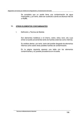 Diagnóstico de Averías por Análisis de la Degradación y Contaminación del Aceite
Técnicas de Mantenimiento Industrial
!Zk
$
P*$ 2&4'(-*1,$ :/*$ /4$ ,2*()*$ )(*4*$ /4,$ 2&4),+(4,2(34$ -*$ ,6/,$
(4,-+('(0.*$8<$7&1$),4)&<$-*0*$'*1$'/')()/(-&$2/,4-&$'*$,.2,4?,$+;'$-*$
/4$0,5%B$
$
$
$
11. 0TROS ELEMENTOS CONTAMINANTES
$
$
$ LB$ M*9(4(2(34$8$NF24(2,$-*$O*-(-,$
$
$
P&4$ *.*+*4)&'$ +*);.(2&'$ &$ 43$ >J(*11&<$ 2&01*<$ '@.(2*<$ 0&1&<$ *)2BA$ :/*$
*4)1,4$,.$,2*()*$71&D*4(*4)*'$),4)&$-*$9/*4)*'$*G)*14,'$2&+&$(4)*14,'B$
$
P/$,4;.('('$,.*1),4<$7&1$),4)&<$),4)&$-*.$7&'(0.*$-*'6,')*$-*$*.*+*4)&'$
(4)*14&'$2&+&$'&01*$&)1,'$7&'(0.*'$9/*4)*'$-*$2&4),+(4,2(34B$
$ $
U4$ .,$ 7;6(4,$ '(6/(*4)*$ ,7,1*2*$ /4,$ ),0.,$ 2&4$ .&'$ *.*+*4)&'$
2&4),+(4,4)*'$8$'/$7&'(0.*$71&2*-*42(,$*4$*.$,2*()*B$
$
$
$
$
 