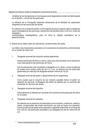 Diagnóstico de Averías por Análisis de la Degradación y Contaminación del Aceite
Técnicas de Mantenimiento Industrial
_RR
$
VE4;.('('$-*$.&'$9*11&61,+,'$,.$+(21&'2&7(&$7,1,$-(,64&')(2,1$+&-&'$-*$9,..&$0,',-&$
*4$*.$),+,H&$$8$9&1+,$-*$.,'$7,1)@2/.,'B$
$
%,$ *9(2,2(,$ -*$ .,$ T*11&61,9@,$ -*7*4-*$ &0D(,+*4)*$ -*$ .,$ 9,2(.(-,-$ -*$ '*7,1,2(34$
+,64F)(2,$-*$.,'$7,1)@2/.,'$-*.$,2*()*B$
$
U4$1*.,2(34$2&4$.,$U'7*2)1&+*)1@,<$.,$T*11&61,9@,$71&-/2*$+*5&1*'$-,)&'$2/,.(),)(D&'$
'&01*$+&19&.&6@,$-*$.,'$7,1)@2/.,'<$-(')1(0/2(34$-*$),+,H&'$>-*$_$,$_R$!+A<$+&-&$-*$
-*'6,')*$8$$
2,1,2)*1@')(2,'$ +*),.&61;9(2,'<$ 7*1&$ 4&$ )(*4*$ .,$ 2,.(-,-$ 2/,4)(),)(D,$ -*$ .,$
*'7*2)1&+*)1@,B$
$
$
LLB$U9*2)&$-*$.&'$9,..&'$'&01*$.&'$*.*+*4)&'$2&4),+(4,4)*'$-*.$,2*()*B$
$
%&'$9,..&'$+;'$(+7&1),4)*'$,'&2(,-&'$2&4$.,$71*'*42(,$-*$*.*+*4)&'$2&4),+(4,4)*'$
*4$/4$,2*()*$-*$+&)&1$'&4=$
$
$
!B$ M*'6,')*$,4&1+,.$-*.$2&45/4)&$2,+(',V'*6+*4)&'B$
$
n*4*1,$7,1)@2/.,'$-*$J(*11&$8$21&+&<$',.D&$:/*$'&.&$71&2*-,4$-*$.,$2,+(',$*4$
2/8&$2,'&$6*4*1,$'&.&$7,1)@2/.,'$-*$J(*11&B$
$
P&4$.&'$*.*+*4)&'$+;'$'&+*)(-&'$,$-*'6,')*$*4$/4$+&)&1$8$2&+&$.,$7*.@2/.,$
-*$,2*()*$*4)1*$,+0&'$'/*.*$'*1$-*$c$,$#$!+<$'*$-*-/2*$:/*$.,'$7,1)@2/.,'$
6*4*1,-,'$7&1$*')*$)(7&$-*$-*'6,')*$)*4-1;4$+*4&'$-*$!R$!+B$
$
_B$ M*'6,')*$,4&1+,.$-*.$7(')34$&$,.&5,+(*4)&'$-*$.&'$'*6+*4)&'B$
$
K&+&$ :/(*1,$ :/*$ .,$ +,8&1@,$ -*$ .&'$ +&)&1*'$ ,2)/,.*'$ )(*4*4$ *.$ 7(')34$ *4$
,.*,2(34$-*$,./+(4(&<$*.$-*'6,')*$-*.$7(')34$'*$-*)*2),$7&1$/4$,/+*4)&$-*.$
2&4)*4(-&$*4$,./+(4(&$-*.$,2*()*B$
$
cB$ M*'6,')*$,4&1+,.$-*.$2(6l*H,.B$
$
n*4*1,.+*4)*$'*$-*)*2),$7&1$,/+*4)&$-*$.,$71*'*42(,$-*$7,1)@2/.,'$-*$J(*11&$
*4$*.$,2*()*B$
$
hB$ M*'6,')*$,4&1+,.$-*$2&5(4*)*'B$
$
P*$-*)*2),$7&1$.,$71*'*42(,$-*$*.*+*4)&'$2&+&$*.$7.&+&<$,4)(+&4(&<$*'),H&$8$
2&01*<$2&+7&4*4)*'$-*.$+*),.$,4)(V91(22(34$2&4$:/*$'*$J,2*4$.&'$2&5(4*)*'B$
K&+&$.,$7*.@2/.,$-*$,2*()*$*4)1*$2&5(4*)*'$8$2(6l*H,.$'/*.*$*'),1$*4$*.$1,46&$-*$
R<j$,$_R$!+<$.,'$7,1)@2/.,'$,'&2(,-,'$,$'/$-*'6,')*$'&4$.,'$-*$+*4&'$-*$_R$
!+B$
$
$
$
$
 
