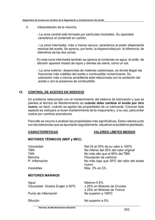 Diagnóstico de Averías por Análisis de la Degradación y Contaminación del Aceite
Técnicas de Mantenimiento Industrial
_Rc
$
LLB$ L4)*171*),2(34$-*$.,$+,42J,B$
$
V$%,$?&4,$2*4)1,.$*');$9&1+,-,$7&1$7,1)@2/.,'$(4'&./0.*'B$P/$&7,2(-,-$
$2,1,2)*1(?,$*.$2&4)*4(-&$*4$2,1034B$
$
V$%,$?&4,$(4)*1+*-(,<$+;'$&$+*4&'$&'2/1,<$2,1,2)*1(?,$*.$7&-*1$-('7*1',4)*$
1*'(-/,.$-*.$,2*()*B$P*$,71*2(,<$7&1$),4)&<$.,$-('7*1'(D(-,-$7&1$$.,$-(9*1*42(,$$-*$
-(;+*)1&'$-*$.,'$-&'$?&4,'B$
$
U4$*'),$?&4,$(4)*1+*-(,$),+0(F4$'*$,71*2(,$*.$2&4)*4(-&$*4$,6/,=$*.$,4(..&$$-*$
-(9/'(34$,7,1*2*$(1(',-&$-*$1,8&'$8$-(*4)*'$-*$'(*11,<$2&+&$/4$'&.B$
$
V$%,$?&4,$*G)*1(&1<$-*'71&D('),$-*$+,)*1(,'$2,10&4&','<$*'$-&4-*$..*6,4$.,'$
$91,22(&4*'$+;'$D&.;)(.*'$-*.$,2*()*$&$2&+0/')(0.*$2&4),+(4,4)*B$P/$
$2&.&1,2(34$+;'$&$+*4&'$,+,1(..*4),$*');$1*.,2(&4,-,$2&4$.,$&G(-,2(34$-*.$
$,2*()*$&$2&4$.,$71*'*42(,$-*$2&+0/')(0.*B$
$
$
12. CONTROL DE ACEITES EN SERVICIO
$
Q4$71&0.*+,$1*.,2(&4,-&$2&4$*.$+,4)*4(+(*4)&$-*.$'(')*+,$-*$./01(2,2(34$8$:/*$'*$
7.,4)*,$,.$)F24(2&$-*$O,4)*4(+(*4)&$*'$cuándo debe cambiar el aceite por otro
nuevo<$*'$-*2(1<$2/;4-&$'*$,6&),4$.,'$71&7(*-,-*'$-*$/4$./01(2,4)*B$K&4&2*1$*')*$
,'7*2)&$*'$D(),.$7,1,$/4$0/*4$+,4)*4(+(*4)&$-*$.,$+,:/(4,1(,$8<$,$'/$D*?<$7,1,$*D(),1$
2&')&'$7&1$2,+0(&'$71*+,)/1&'B$
$
C,1,$*..&$'*$1*2/11*$,$,4,.(?,1$.,'$71&7(*-,-*'$+;'$'(64(9(2,)(D,'B$U')&'$D,.&1*'$5/4)&$
2&4$.,'$)&.*1,42(,'$:/*$'*$,7/4),1;4$'*6/(-,+*4)*<$1*'/*.D*4$*.$71&0.*+,$7.,4)*,-&B$
$
CARACTERÍSTICAS$ $ $ $ VALORES LÍMITES MEDIOS
$
MOTORES TÉRMICOS (MEP y MEC)$
$
[('2&'(-,-$ $ $ $ $ M*.$_j$,.$cjd$-*$'/$D,.&1$,$!RRSK$
Ni`$ $ $ $ $ $ `&$(49*1(&1$-*.$cjd$-*.$D,.&1$&1(6(4,.$
NE`$ $ $ $ $ $ `&$+;'$,.)&$:/*$*.$"Rd$-*.$Ni`$
O,42J,$ $ $ $ $ T.&2/.,2(34$-*$2,10&4&$
CB$L49.,+,2(34$ $ $ $ `&$+;'$0,5&$:/*$cRSK$-*.$D,.&1$-*.$,2*()*$
4/*D&$
L4'&./0.*'$ $ $ $ $ O,GB$cd$*4$KjB$
$
MOTORES MARINOS$
$
E6/,$ $ $ $ $ $ O;G(+&$R<jd$
[('2&'(-,-$$n1,-&'$U46.*1$,$jRSK$ o$_Rd$*4$O&)&1*'$-*$K1/2*),$
o$_jd$*4$O&)&1*'$-*$N1&42&$
C/4)&$-*$(49.,+,2(34$ $ $ `&$'/7*1(&1$,$!"RSK$$
$
M(./2(34$ $ $ $ $ `&$'/7*1(&1$,$jd$
$
 