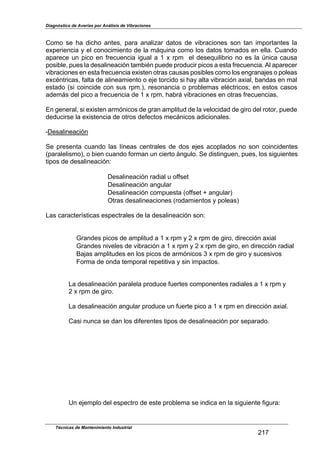 Diagnóstico de Averías por Análisis de Vibraciones
Técnicas de Mantenimiento Industrial
217
Como se ha dicho antes, para analizar datos de vibraciones son tan importantes la
experiencia y el conocimiento de la máquina como los datos tomados en ella. Cuando
aparece un pico en frecuencia igual a 1 x rpm el desequilibrio no es la lnica causa
posible, pues la desalineación también puede producir picos a esta frecuencia. Al aparecer
vibraciones en esta frecuencia existen otras causas posibles como los engranajes o poleas
excéntricas, falta de alineamiento o eje torcido si hay alta vibración axial, bandas en mal
estado (si coincide con sus rpm.), resonancia o problemas eléctricoso en estos casos
además del pico a frecuencia de 1 x rpm. habrá vibraciones en otras frecuencias.
En general, si existen armónicos de gran amplitud de la velocidad de giro del rotor, puede
deducirse la existencia de otros defectos mecánicos adicionales.
-Desalineación
Se presenta cuando las líneas centrales de dos ejes acoplados no son coincidentes
(paralelismo), o bien cuando forman un cierto ángulo. Se distinguen, pues, los siguientes
tipos de desalineación:
Desalineación radial u offset
Desalineación angular
Desalineación compuesta (offset p angular)
Otras desalineaciones (rodamientos y poleas)
Las características espectrales de la desalineación son:
Grandes picos de amplitud a 1 x rpm y 2 x rpm de giro, dirección axial
Grandes niveles de vibración a 1 x rpm y 2 x rpm de giro, en dirección radial
Bajas amplitudes en los picos de armónicos 3 x rpm de giro y sucesivos
Forma de onda temporal repetitiva y sin impactos.
La desalineación paralela produce fuertes componentes radiales a 1 x rpm y
2 x rpm de giro.
La desalineación angular produce un fuerte pico a 1 x rpm en dirección axial.
Casi nunca se dan los diferentes tipos de desalineación por separado.
Un ejemplo del espectro de este problema se indica en la siguiente figura:
 