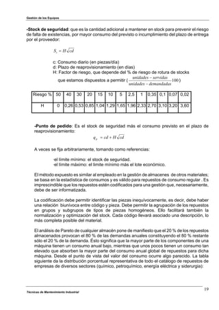 Gestión de los Equipos
-Stock de seguridad: que es la cantidad adicional a mantener en stock para prevenir el riesgo
de falta de existencias, por mayor consumo del previsto o incumplimiento del plazo de entrega
por el proveedor:
cdHSs "
c: Consumo diario (en piezas/día)
d: Plazo de reaprovisionamiento (en días)
H: Factor de riesgo, que depende del % de riesgo de rotura de stocks
que estamos dispuestos a permitir ( 100
demandadasunidades
servidasunidades
#
#
)
Riesgo % 50 40 30 20 15 10 5 2,5 1 0,35 0,1 0,07 0,02
H 0 0,26 0,53 0,85 1,04 1,29 1,65 1,96 2,33 2,70 3,10 3,20 3,60
-Punto de pedido: Es el stock de seguridad más el consumo previsto en el plazo de
reaprovisionamiento:
cdHcdqp $"
A veces se fija arbitrariamente, tomando como referencias:
·el límite mínimo: el stock de seguridad.
·el límite máximo: el limite mínimo más el lote económico.
El método expuesto es similar al empleado en la gestión de almacenes de otros materiales;
se basa en la estadística de consumos y es válido para repuestos de consumo regular . Es
imprescindible que los repuestos estén codificados para una gestión que, necesariamente,
debe de ser informatizada.
La codificación debe permitir identificar las piezas inequívocamente, es decir, debe haber
una relación biunívoca entre código y pieza. Debe permitir la agrupación de los repuestos
en grupos y subgrupos de tipos de piezas homogéneos. Ello facilitará también la
normalización y optimización del stock. Cada código llevará asociado una descripción, lo
más completa posible del material.
El análisis de Pareto de cualquier almacén pone de manifiesto que el 20 % de los repuestos
almacenados provocan el 80 % de las demandas anuales constituyendo el 80 % restante
sólo el 20 % de la demanda. Ésto significa que la mayor parte de los componentes de una
máquina tienen un consumo anual bajo, mientras que unos pocos tienen un consumo tan
elevado que absorben la mayor parte del consumo anual global de repuestos para dicha
máquina. Desde el punto de vista del valor del consumo ocurre algo parecido. La tabla
siguiente da la distribución porcentual representativa de todo el catálogo de repuestos de
empresas de diversos sectores (químico, petroquímico, energía eléctrica y siderurgia):
Técnicas de Mantenimiento Industrial
19
 