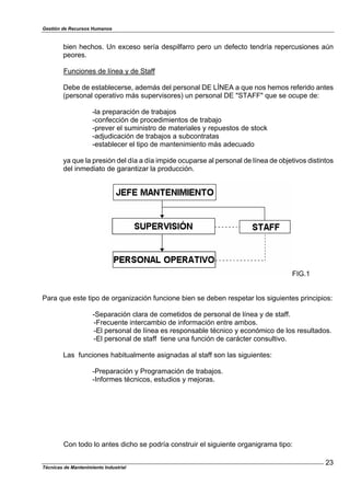 Gestión de Recursos Humanos
bien hechos. Un exceso sería despilfarro pero un defecto tendría repercusiones aún
peores.
Funciones de línea y de Staff
Debe de establecerse, además del personal DE LÍNEA a que nos hemos referido antes
(personal operativo más supervisores) un personal DE "STAFF" que se ocupe de:
-la preparación de trabajos
-confección de procedimientos de trabajo
-prever el suministro de materiales y repuestos de stock
-adjudicación de trabajos a subcontratas
-establecer el tipo de mantenimiento más adecuado
ya que la presión del día a día impide ocuparse al personal de línea de objetivos distintos
del inmediato de garantizar la producción.
FIG.1
Para que este tipo de organización funcione bien se deben respetar los siguientes principios:
-Separación clara de cometidos de personal de línea y de staff.
-Frecuente intercambio de información entre ambos.
-El personal de línea es responsable técnico y económico de los resultados.
-El personal de staff tiene una función de carácter consultivo.
Las funciones habitualmente asignadas al staff son las siguientes:
-Preparación y Programación de trabajos.
-Informes técnicos, estudios y mejoras.
Con todo lo antes dicho se podría construir el siguiente organigrama tipo:
23
Técnicas de Mantenimiento Industrial
 